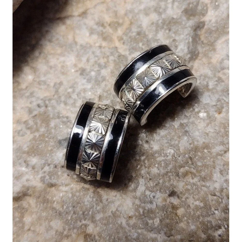 VTG CX Bright Cut Sterling Silver 925 Black Enamel Wide Hoop Hugger Earrings